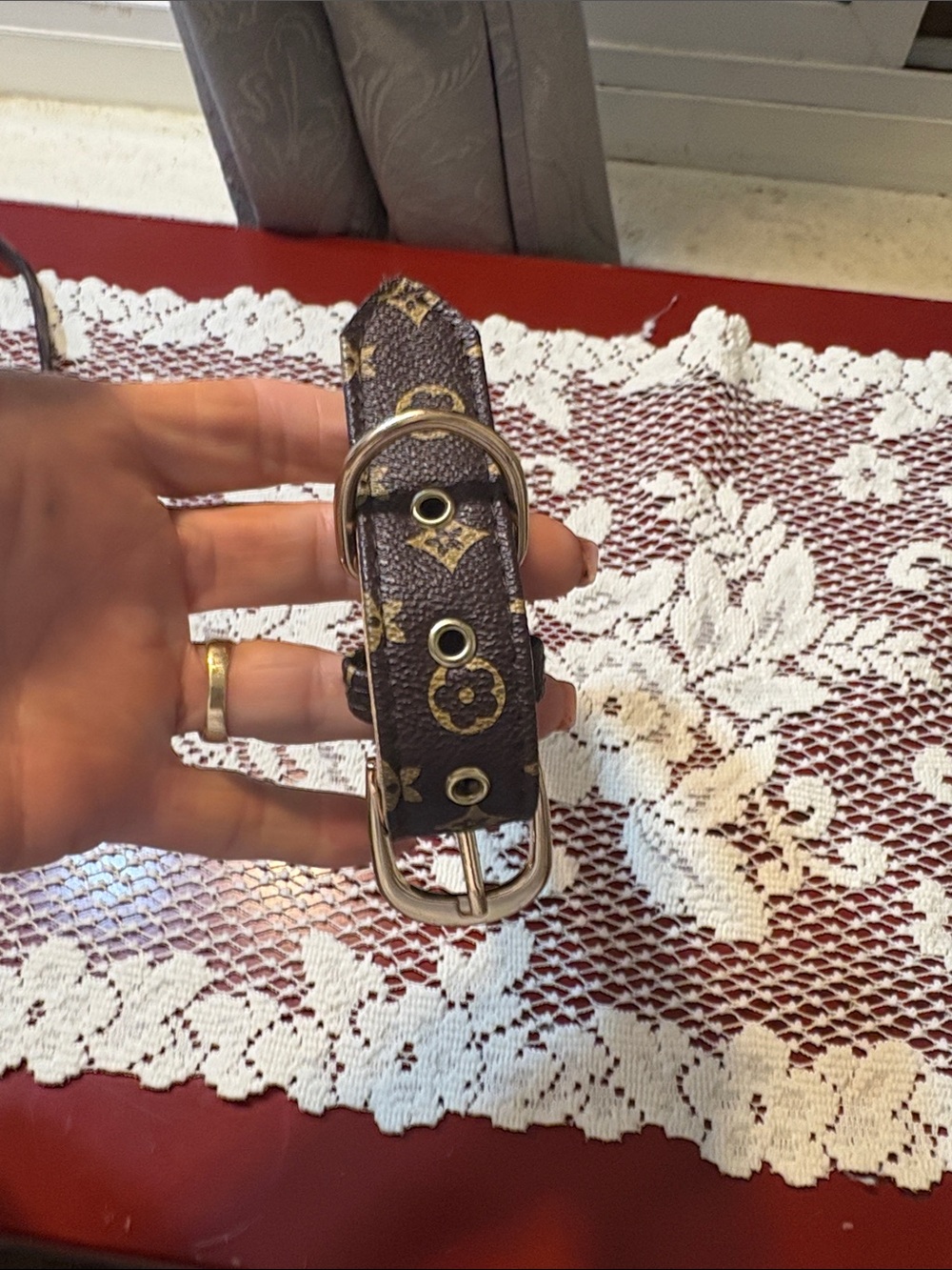 Designer-Pattern Brown Dog Collar with Gold-Tone Hardware